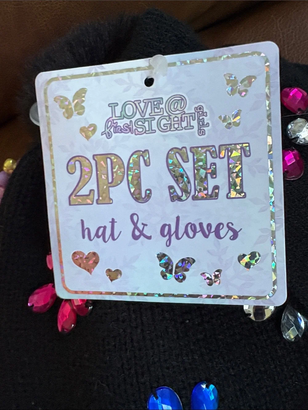 Love & Fashion Kids Black Beanie Hat and Glove Set with Colorful Gem Flowers